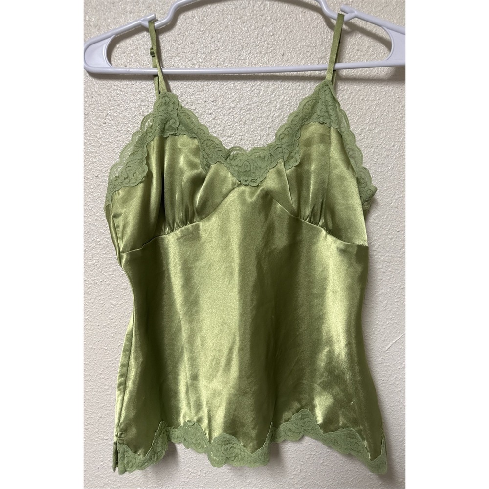 Vintage Green Satin Slip Cami Top Lace Trim Sz 6 Y2K Preppy 1990s Fairy Forrest